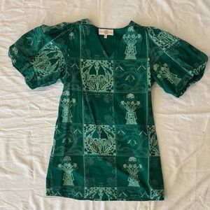 Green Printed Mini Dress with Puff Sleeves